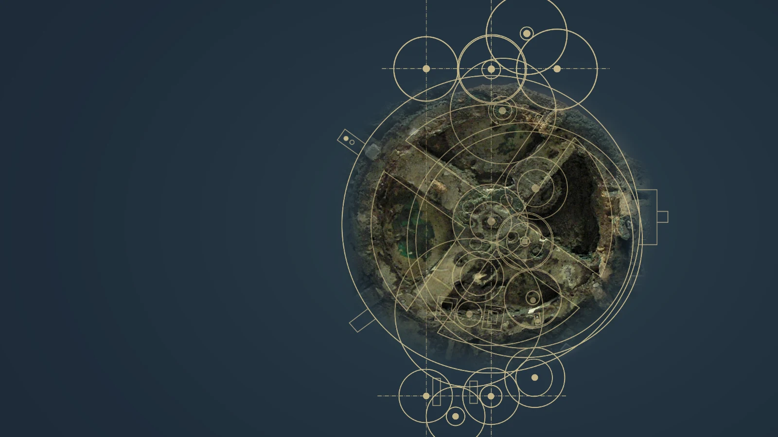 The Antikythera Mechanism: the main bronze fragment overlaid with a drawing of its gear train
