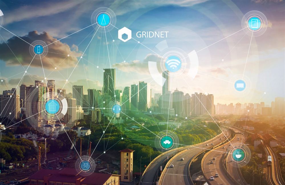 City skyline at sunset with connected-device icons