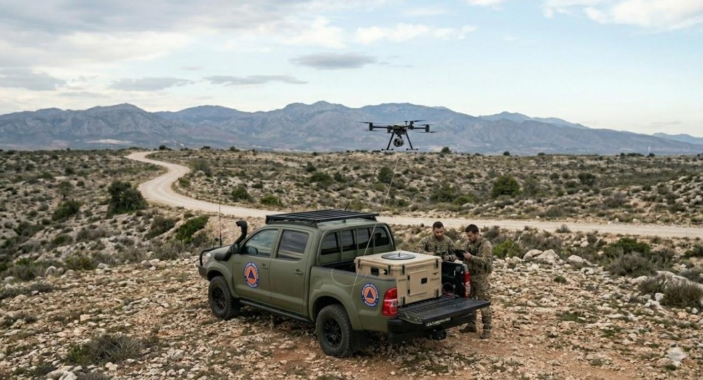 Drone launched from a civil protection pickup in rugged terrain (visualisation)