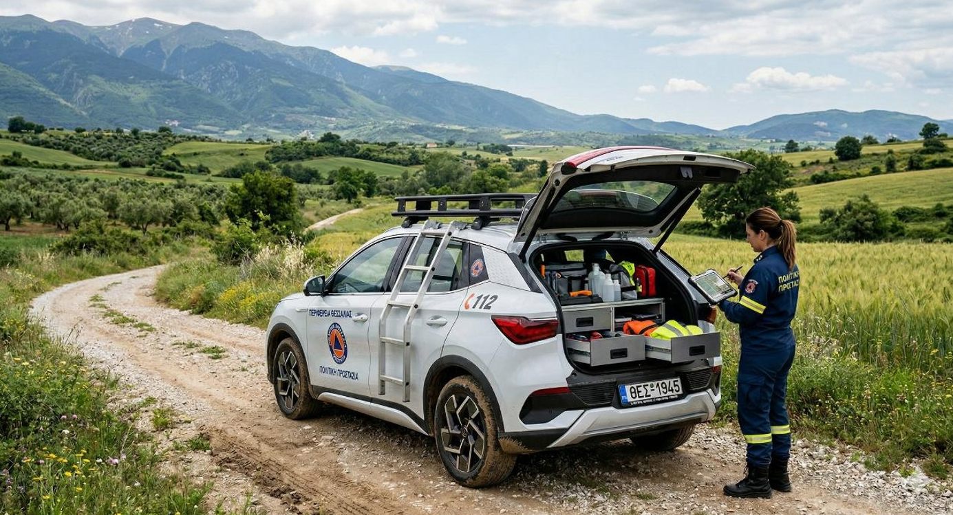 Electric SUV of the civil protection with field equipment in the Thessaly countryside (visualisation)