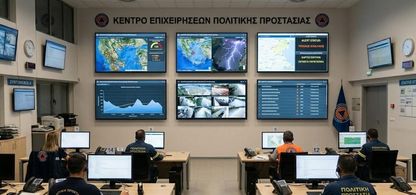Civil protection operations centre with a video wall of maps, weather and alerts (visualisation)