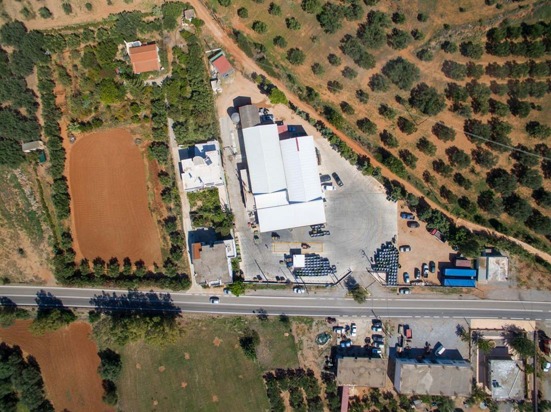 Aerial view of the Agioi Apostoloi olive mill among olive groves