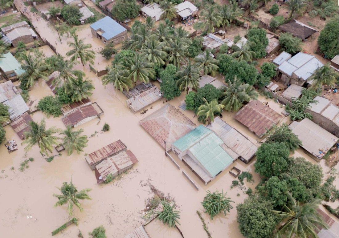 Aerial view of a flooded village taken from a tethered drone