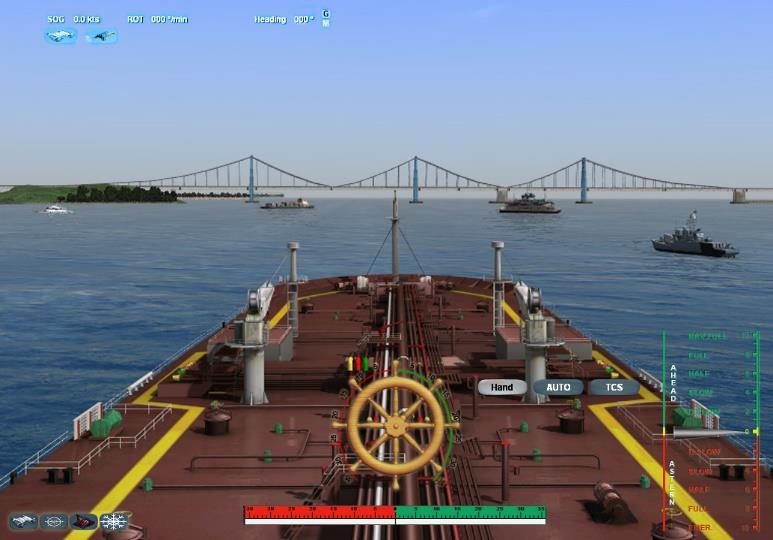 Visual integrated conning view from a tanker bridge approaching a suspension bridge