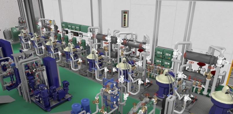 3D engine room model with pumps, purifiers and piping