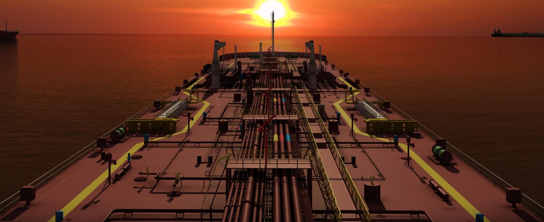Simulated tanker deck at sunset, from the Liquid Cargo Handling Simulator
