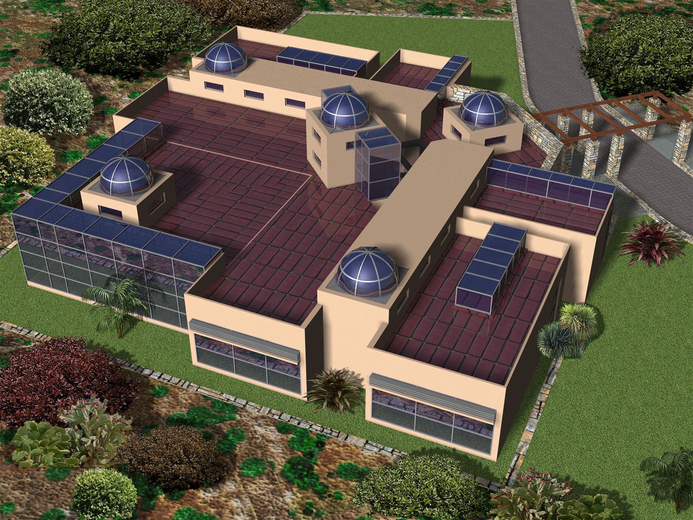 Aerial visualisation of the REST-PARK building and its gardens