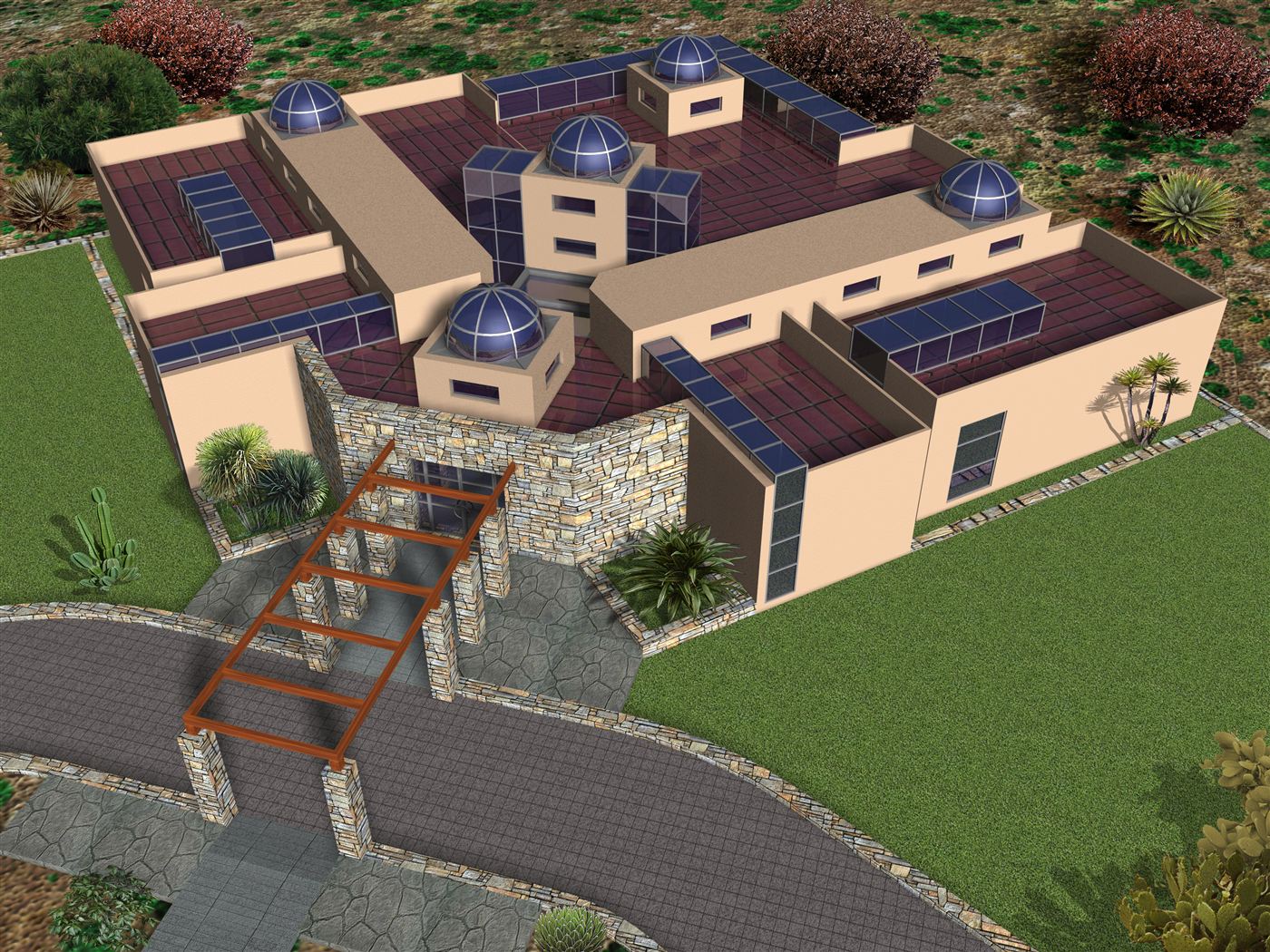 Aerial visualisation of the building from the north