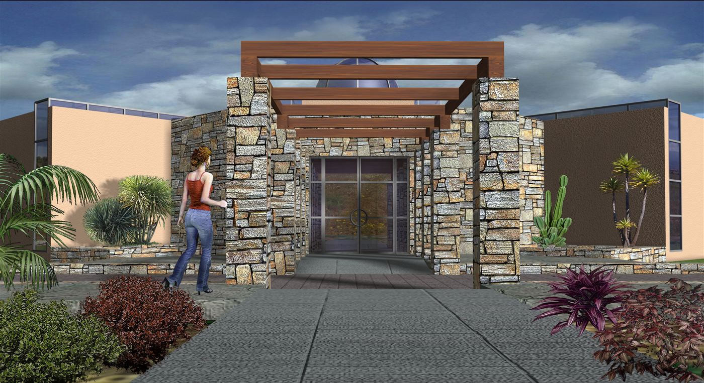 Visualisation of the stone-clad entrance and pergola of the REST-PARK building