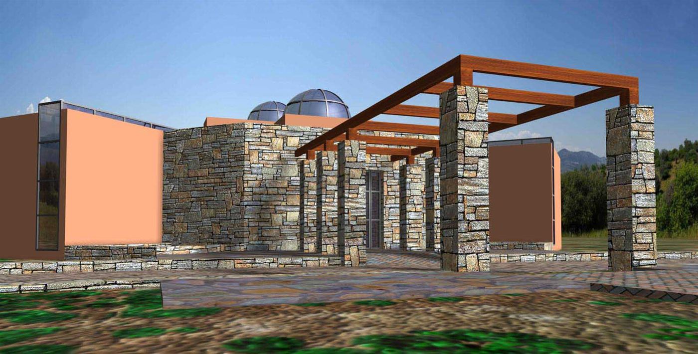 Pergola and stone walls at the entrance