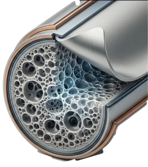 Cutaway of a composite cylindrical specimen with a metal-foam core and multi-layer metal cladding